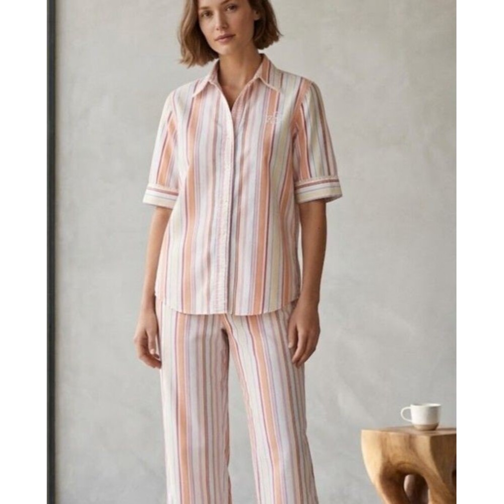 Lauren Ralph Lauren Size M Pajama Set Pastel Striped Cotton Capri Lounge 2 Piece